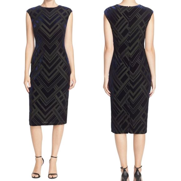 Vince Camuto Burnout Velvet Art Deco Deep Purple Sheath Midi Dress Size 10 - Picture 2 of 11